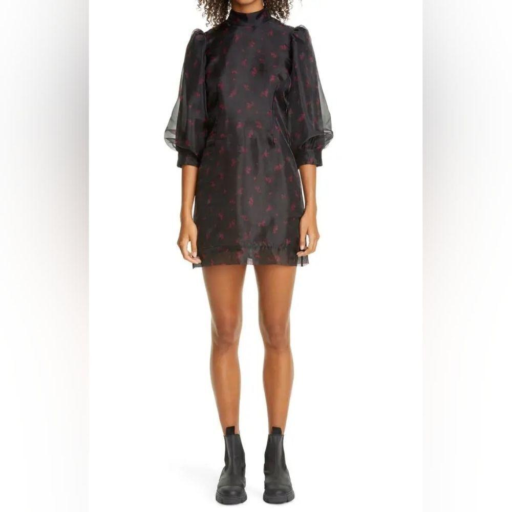 Ganni Floral Organza Short Dress Whimsigoth Fairy Grunge Witchy Romantic 36 SM